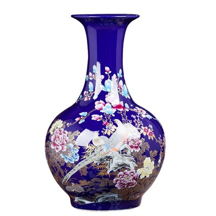 Royal blue magnolia flower and golden pheasant floor vase Jahrriesnge porcelain of flowers vase cna0054