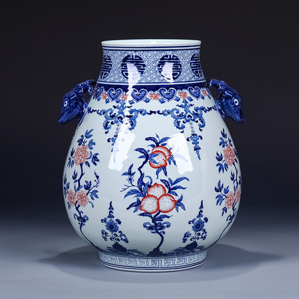 Blue and white deer head double ear blessing bucket large vase Jahrriesnge porcelain of deer head double ear blessing vase cna0060