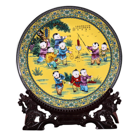 35cm innocent and childlike decorative ceramic hanging plate Jahrriesnge porcelain of children play plate cna0071