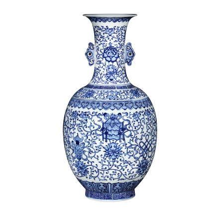 Painted Blue and White Eight Treasures Binaural Ceramic Vase Jahrriesnge porcelain of binaural vase cna0096