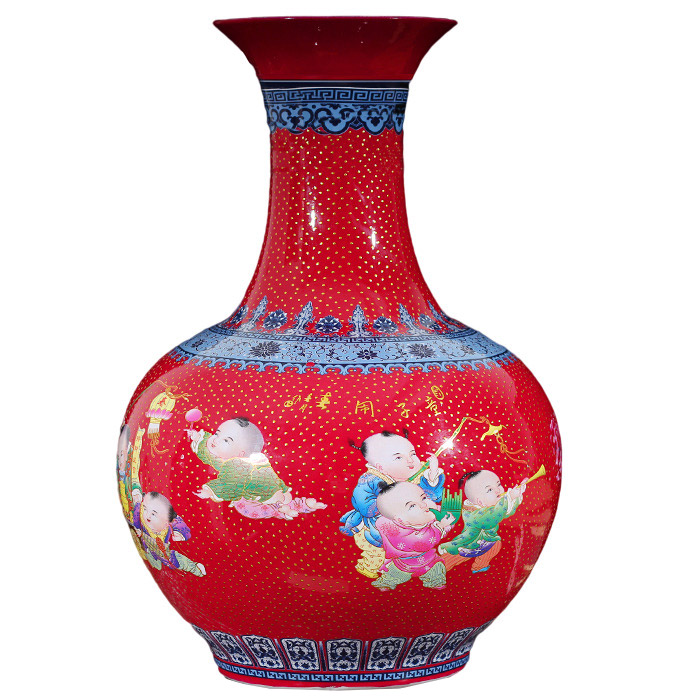 Extra large red pottery ceramic floor vase with children painting home Jahrriesnge porcelain of vase cna0116