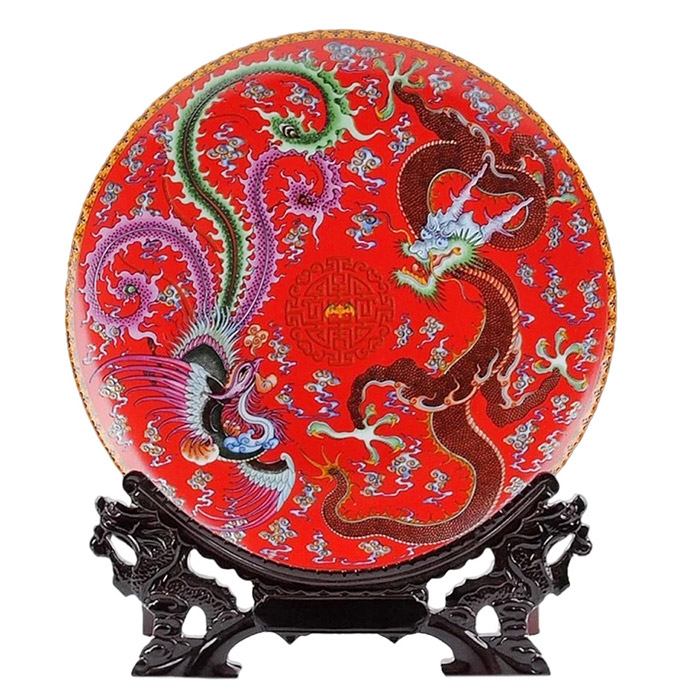 Red dragon and phoenix lucky famille rose decorative hanging plate Jahrriesnge porcelain of red cna0221