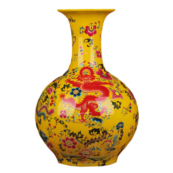 Tall crystal glaze yellow dragon and phoenix floor standing vases Jahrriesnge porcelain of cna0313