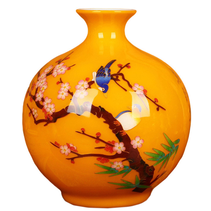Valuable decorated yellow ceramic vase with birds and flowers for home Jahrriesnge porcelain of vase cna0319