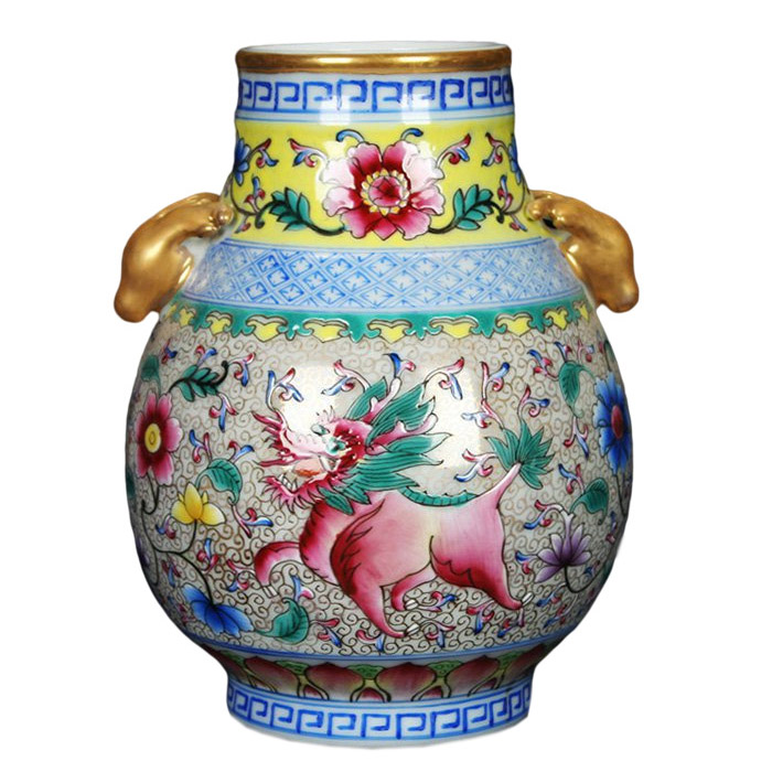 Enamel phoenix hair and kirin horns gilt double-eared deer head vase Jahrriesnge porcelain of vase cna0332