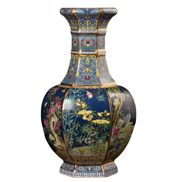Blue enamel flower and bird six-sided vase ornaments for living room Jahrriesnge porcelain of beauty vase cna0349