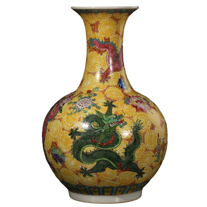Chinese decoration enamel Pastel ceramic flower vase with dragons Jahrriesnge porcelain of color glaze vase cna0364