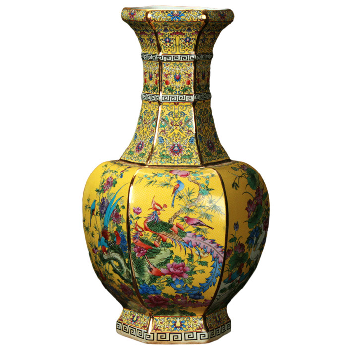 Enamel painted golden six-sided flower vase with birds and phoenixes Jahrriesnge porcelain of vase cna0368