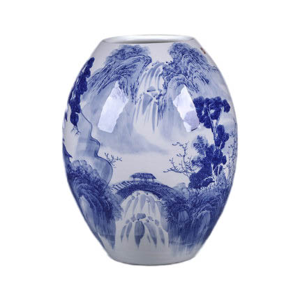 countryside scenery waist drum shape blue and white porcelain vase Jahrriesnge porcelain of white and blue vase cna0538
