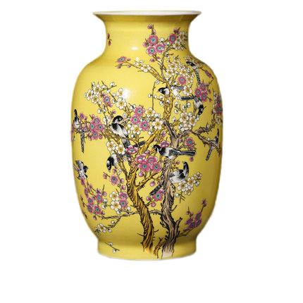Winter melon shaped plums and birds yellow ceramic vase Jahrriesnge porcelain of golden vase cna0560