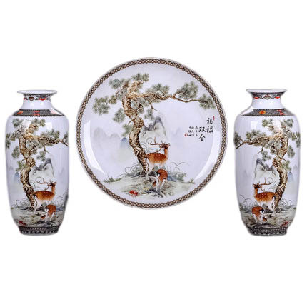 Three-piece deers and trees decorative ceramic hanging plate and vase Jahrriesnge porcelain of vase set three pieces cna0567