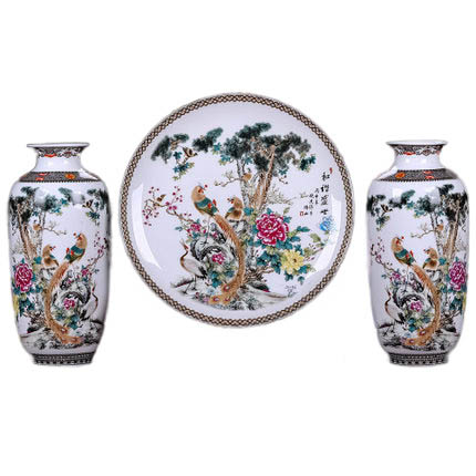 Three-piece birds and tree decoration ceramic hanging plate and vases Jahrriesnge porcelain of vase set three pieces cna0569