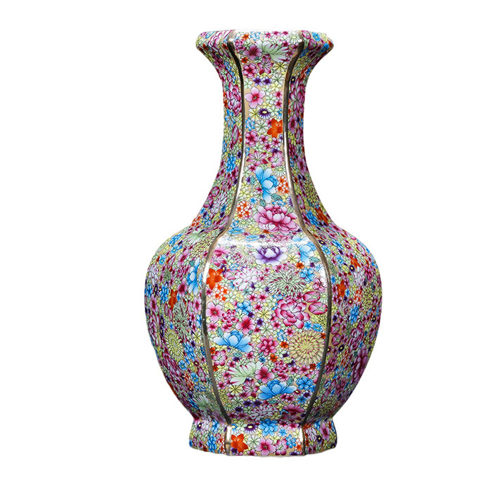 Vintage Qing dynasty multi-flowers hexagonal corners ceramic vase Jahrriesnge porcelain of red lotus vase cna1011