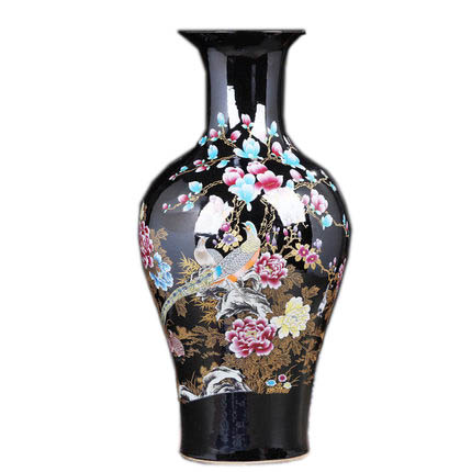 European large black ceramic floor vase with golden pheasant Jahrriesnge porcelain of flowers and birds vase cna1106