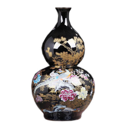 European large black ceramic floor vase with golden pheasant Jahrriesnge porcelain of flowers and birds vase cna1107