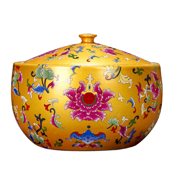 Antique yellow human made sealed enamel cornucopia ceramic storage pot Jahrriesnge porcelain of cna1169