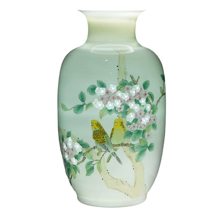 Designer hand-painted ceramic vase and ornament with birds and flowers Jahrriesnge porcelain of cna1284