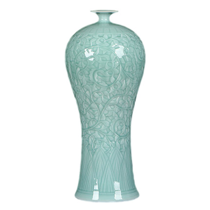 Vintage small celadon lotus carved textured glazed ceramic vase home Jahrriesnge porcelain of carving shadow blue glaze vase cna1304