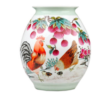 Designer hand painted ceramic flower vase with chickens and lychees Jahrriesnge porcelain of cna1317