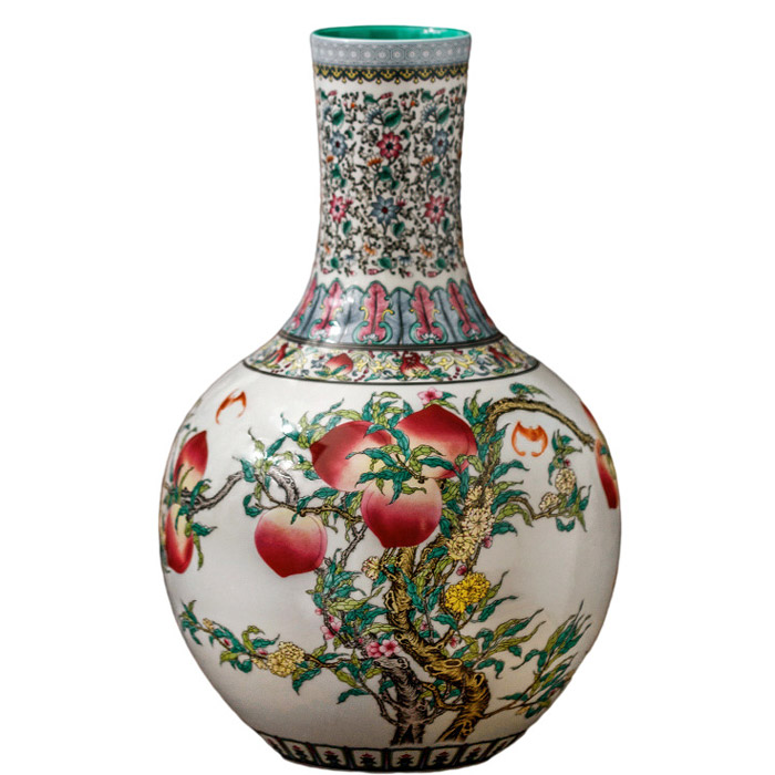 Antique big white background enamel ceramic vase ornament nine peaches Jahrriesnge porcelain of vase cna1320