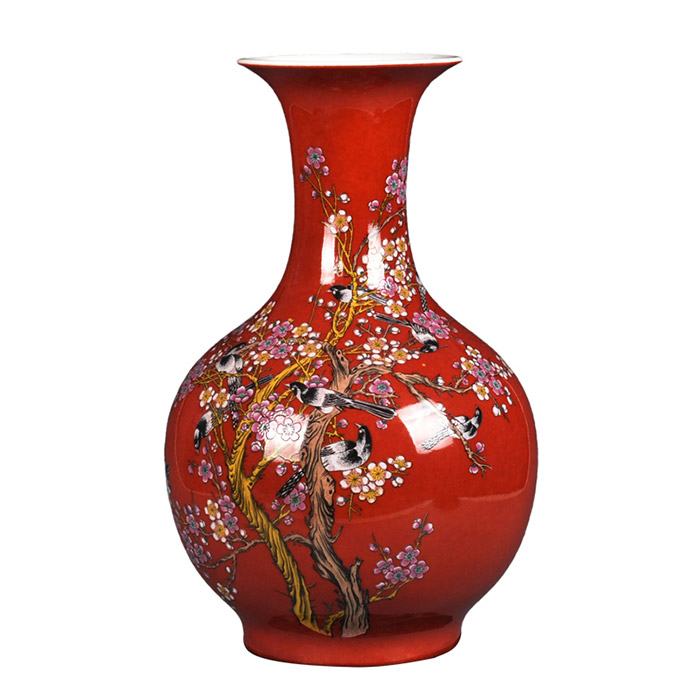 Jingdezhen modern decorative red ceramic vase with birds and flowers Jahrriesnge porcelain of cna1364
