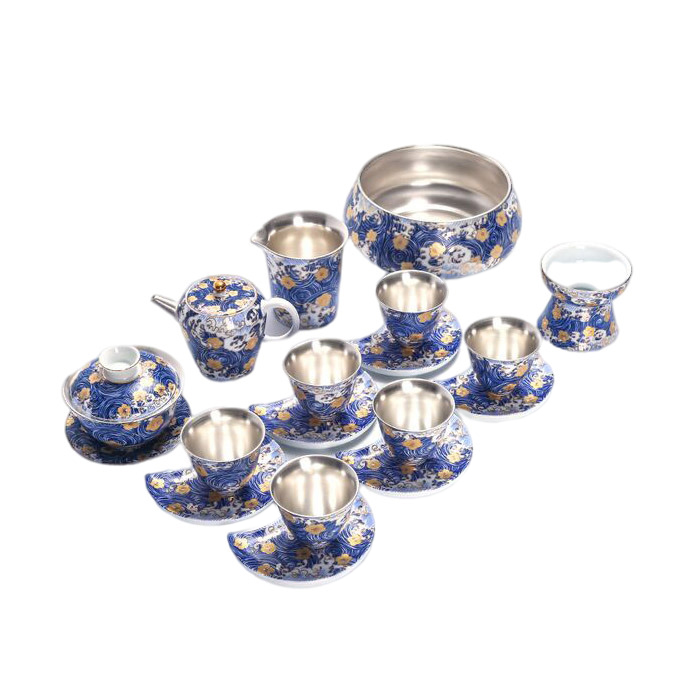 Silver tea set enamel color 999 sterling silver set kung fu tea cup Jahrriesnge porcelain of cna1372