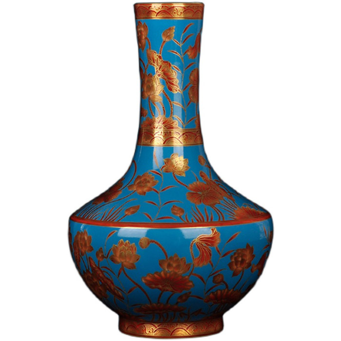 Vintage hand-painted lotus pattern with golden color blue ceramic vase Jahrriesnge porcelain of cna1398