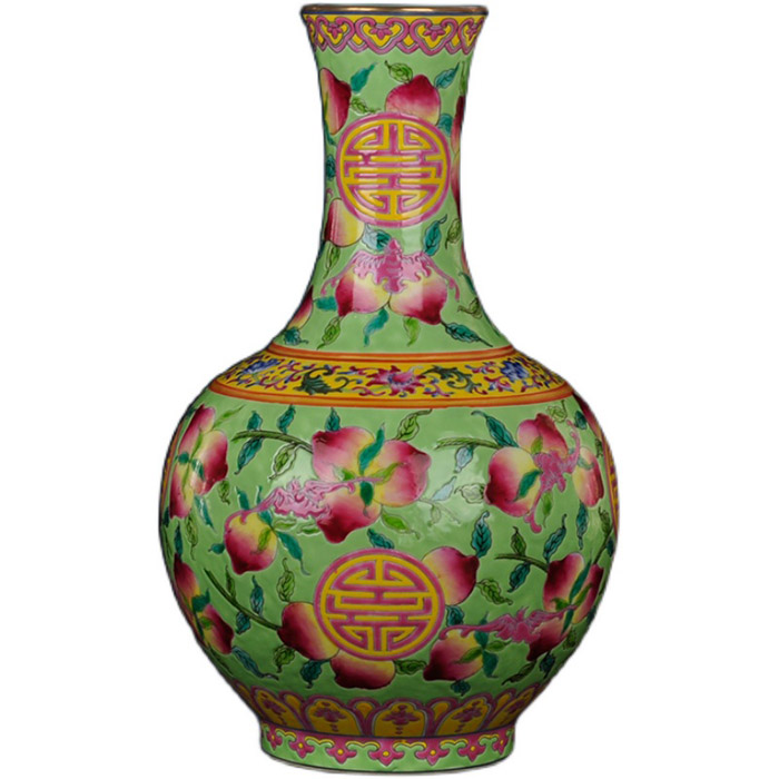 Vintage qing qianlong pastel green cermic flower vase with peaches Jahrriesnge porcelain of cna1399