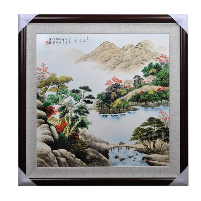 Beautiful mountains and rivers painting ceramic wall hanging plates Jahrriesnge porcelain painting of cna1473