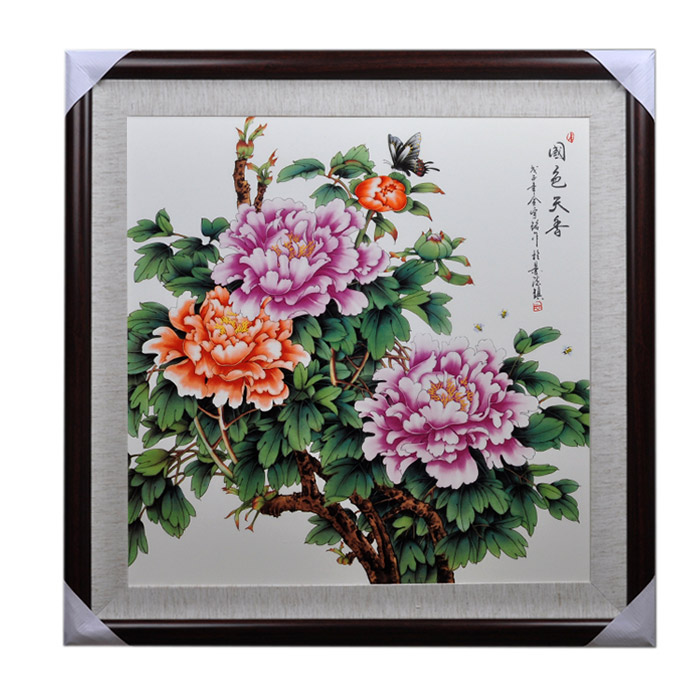 Decorative square peonies and butterfly ceramic wall hanging plates Jahrriesnge porcelain painting of cna1476