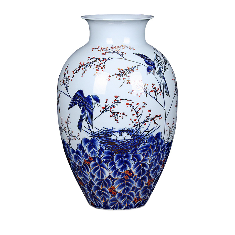 Designer hand-painted large blue and white gold flowers and birds vase Jahrriesnge porcelain of cna1566