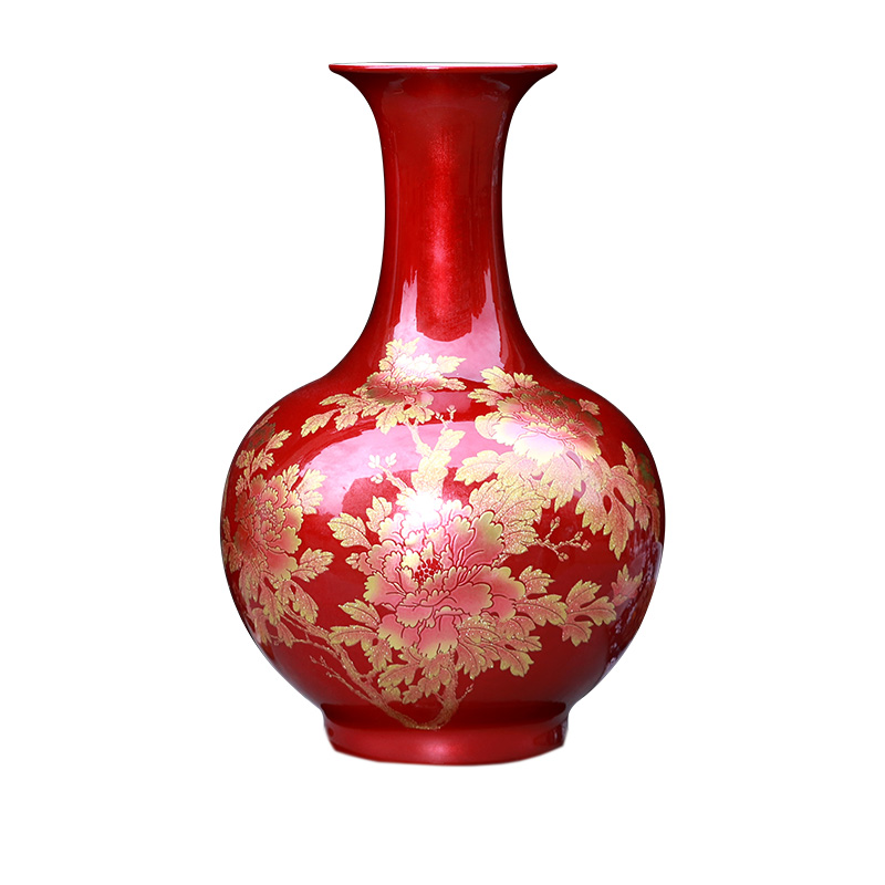 Jingdezhen red ceramic flower vase with golden peonies pattern home Jahrriesnge porcelain of cna1592