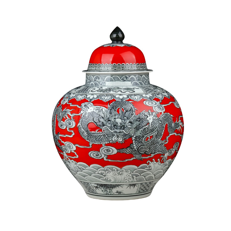 Jingdezhen vintage carving dragon red ceramic storage jar home Jahrriesnge porcelain of cna1684